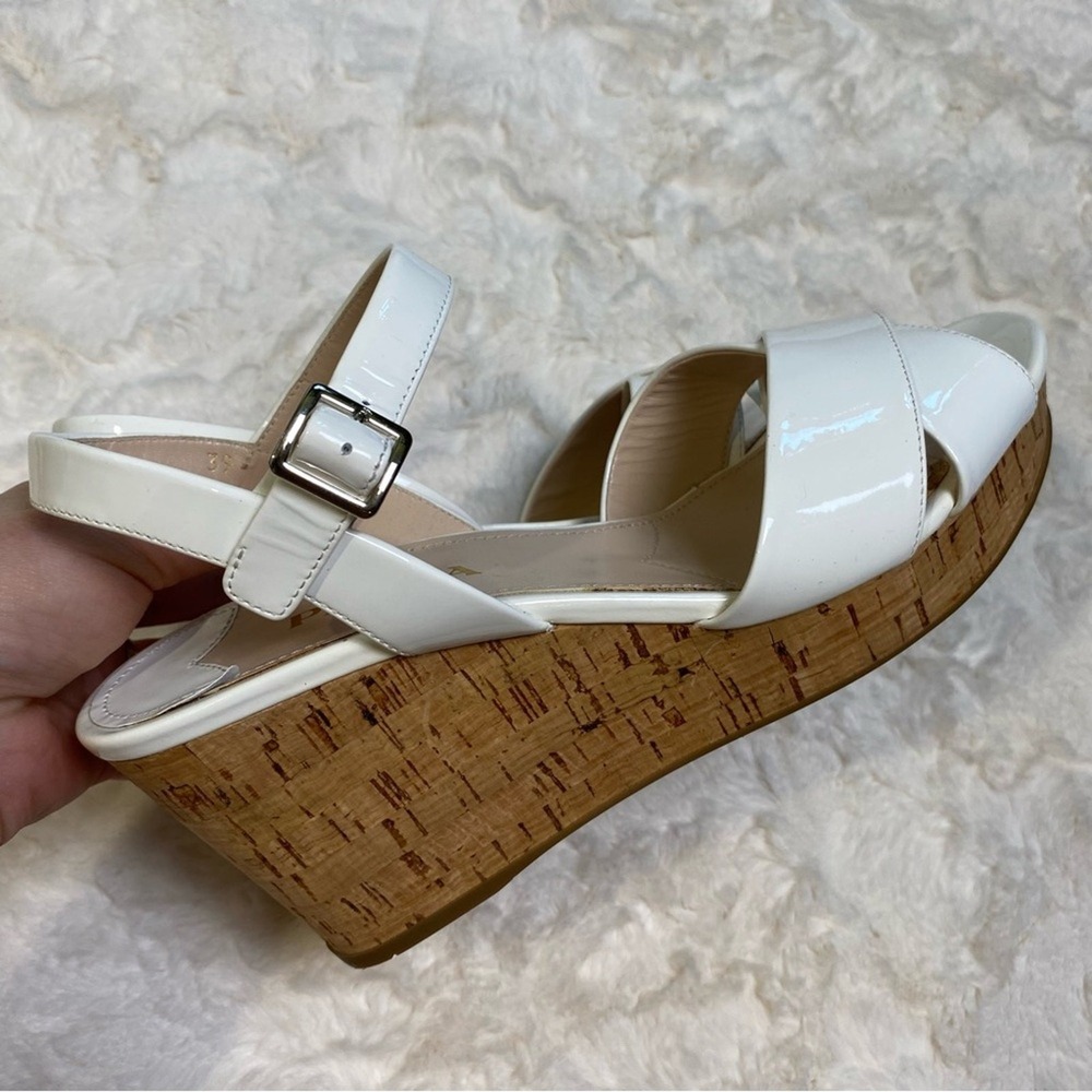 Prada White Patent Leather Criss Cross Ankle Strap Cork Wedge Sandals Size 39 - Picture 5 of 16